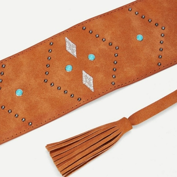 Tassel & Embroidery Brown Leather OBI Belt NWT - Picture 3 of 3